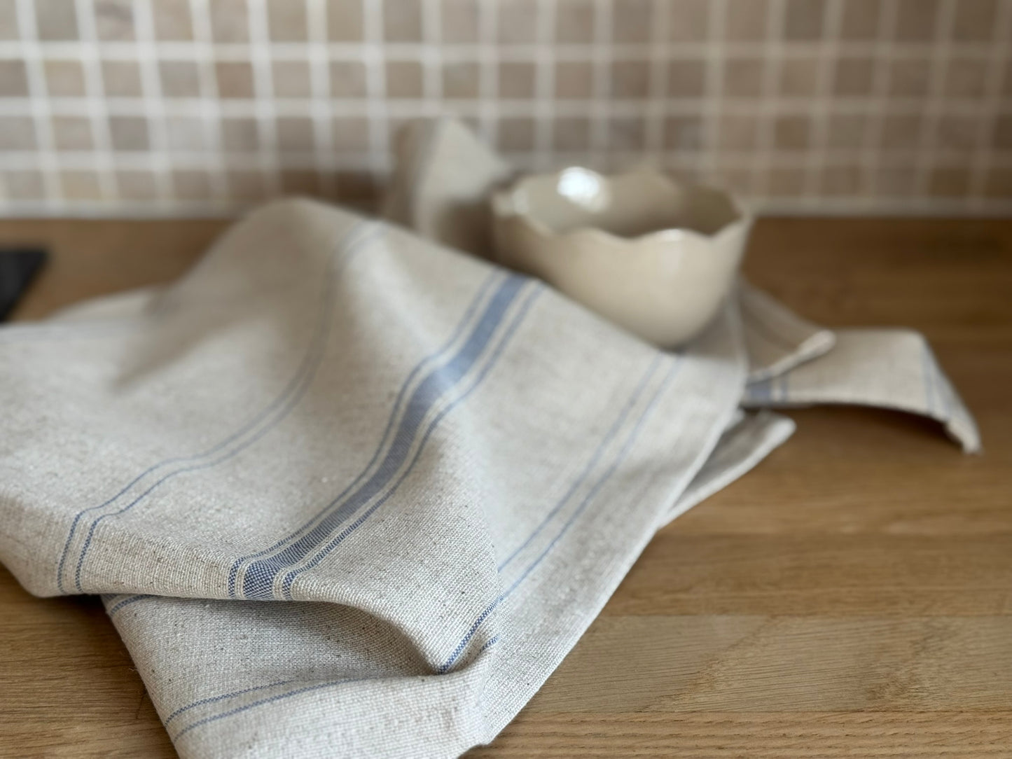 Torchon en lin - coton / couleur liserets bleu - personnalisable