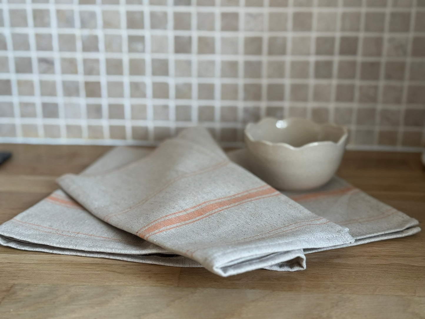 Torchon en lin - coton / couleur liserets orange - personnalisable