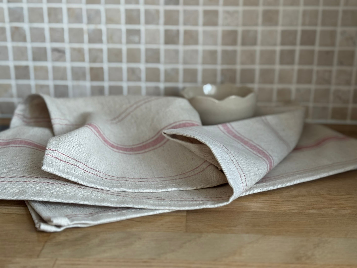 Torchon en lin - coton / couleur liserets rouge - personnalisable