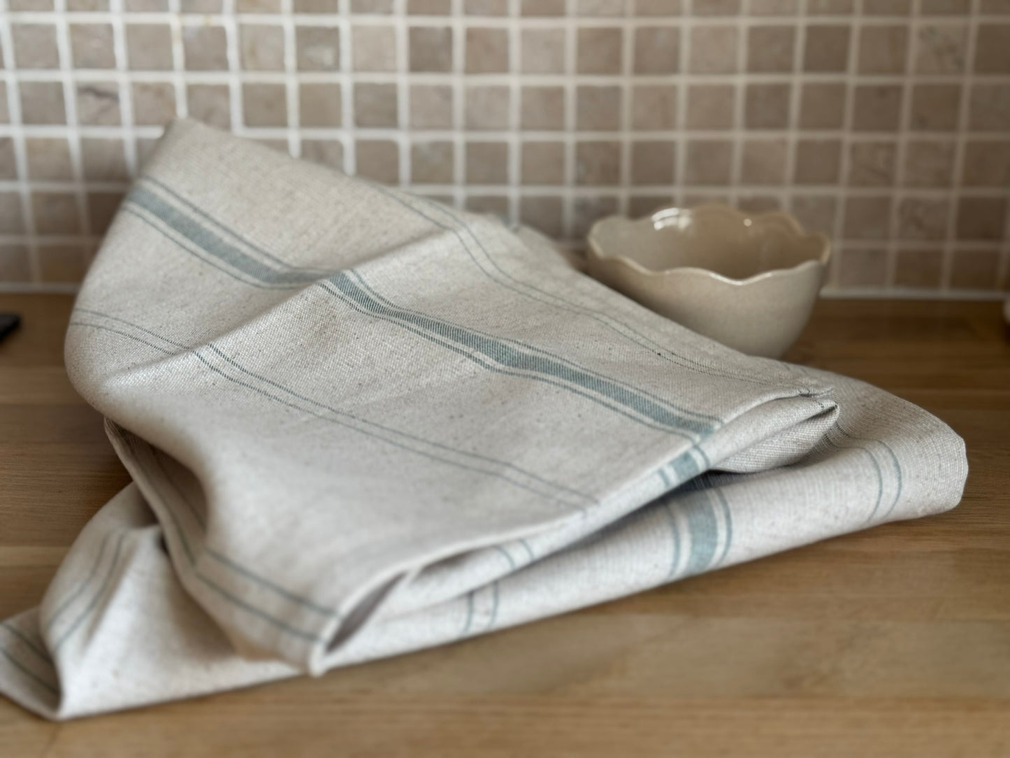 Torchon lin - coton / couleur liserets vert - personnalisable